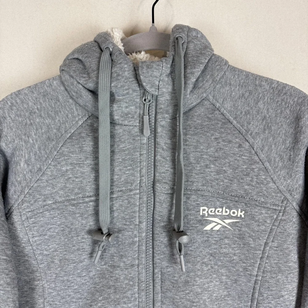 Reebok Hoodie Womens Medium Gray Full Zip Sherpa‎ Lined Pockets Logo High Neck